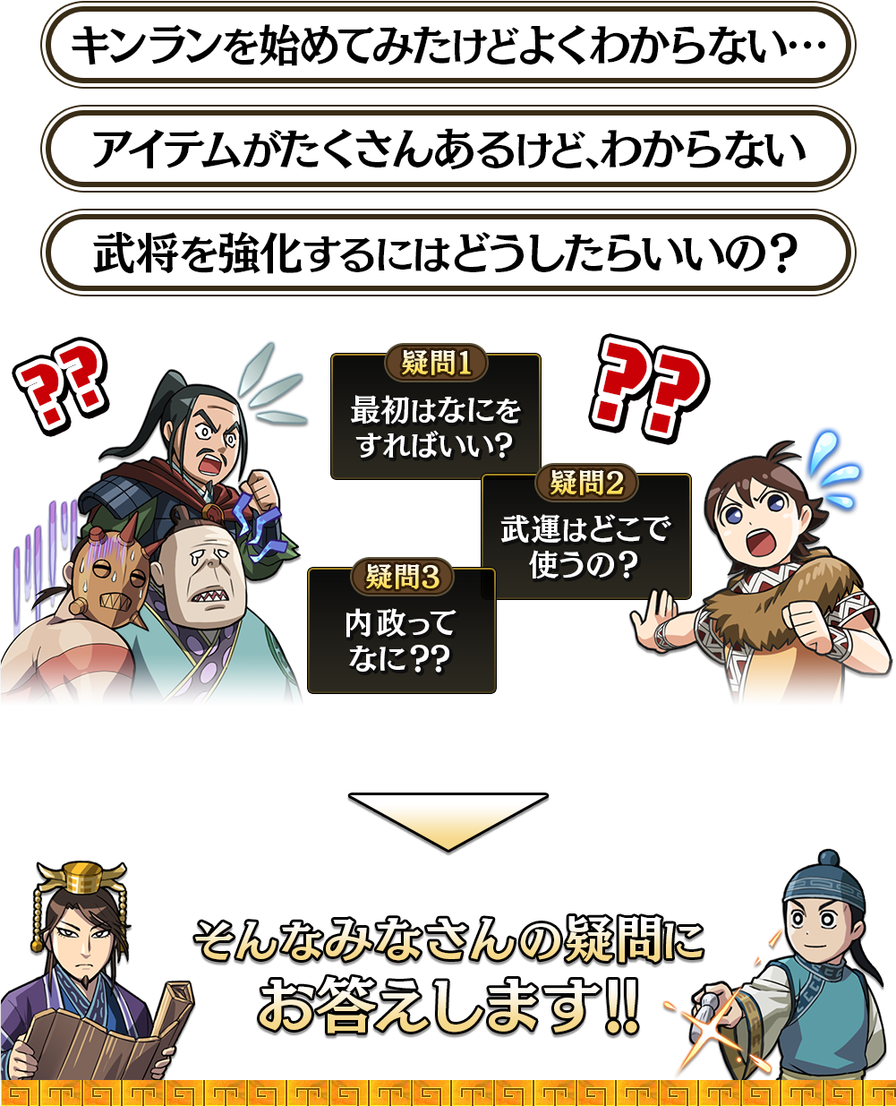 キンランを始めてみたけれど…『①最初はなにをすればいい？』『②武運はどこで使うの？』『③内政ってなに？？』そんなみなさんの疑問にお答えします!!